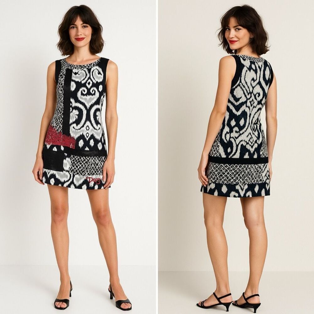 Desigual Ikat Patchwork Lace Shift Dress Sz 40/M Mixed Media Summer to Fall Mod